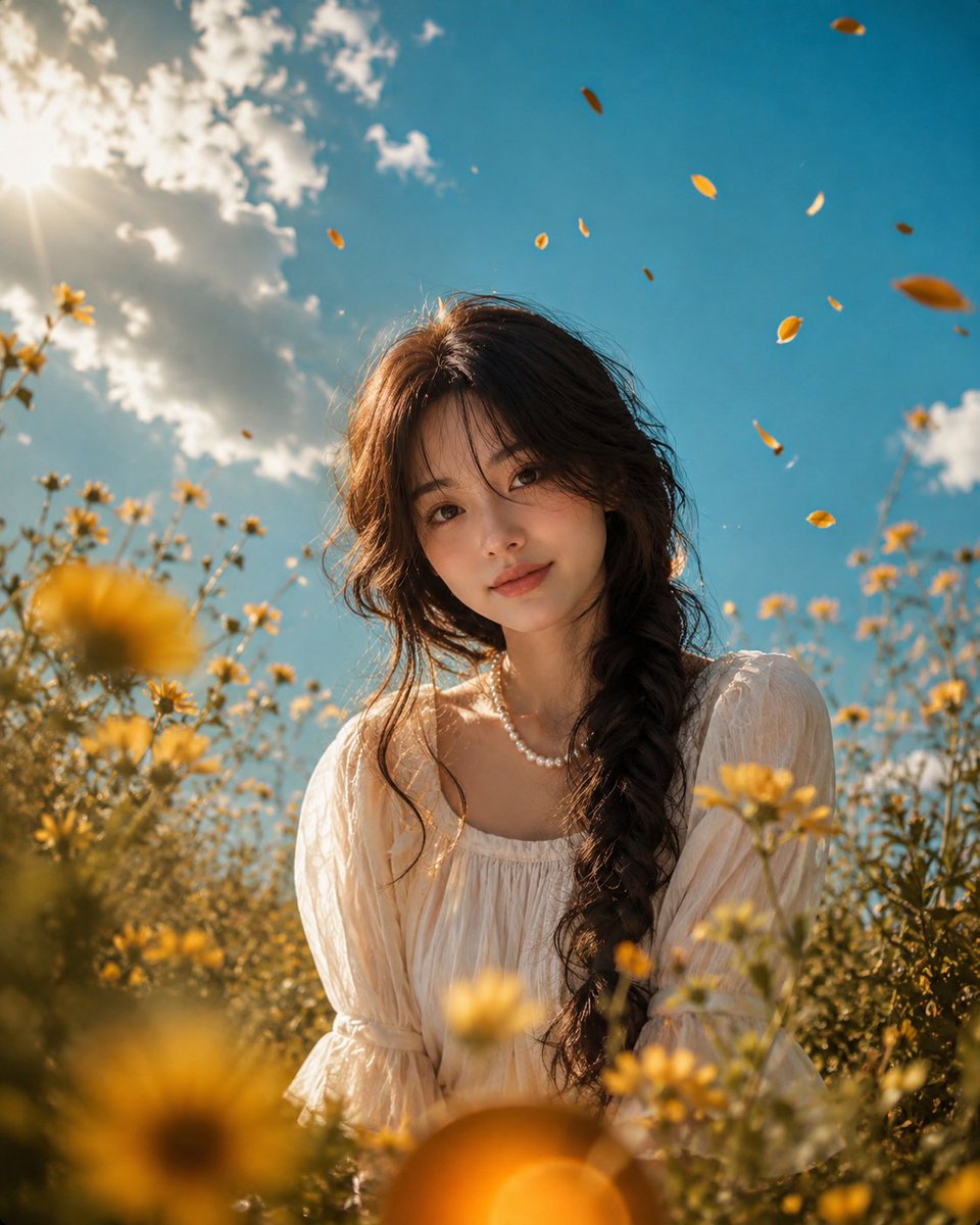 照片级真实感电影感照片，4:5 竖向画幅，从非常低的虫视角（贴草地/花丛高度）拍摄，使用广角镜头（24–28mm）。画面中央、胸部以下没入花丛的位置，是 [S…