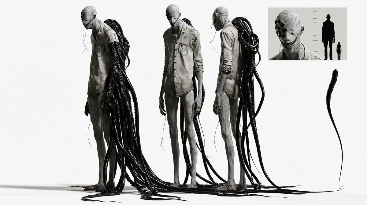 逼真 3D 生物设定图，纯白色影棚背景。一个荒诞的半人型生物——高挑瘦削，四肢细长，肩膀佝偻，比人类略大，皮肤苍白且带有斑驳纹理。它的头部近乎人类但又不正常…