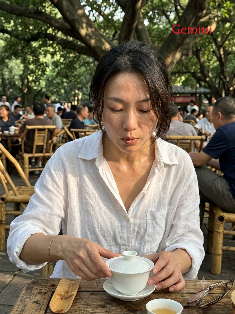 3:4 画幅，iPhone 17 后置摄像头，26mm 广角镜头拍摄的写实抓拍日常生活照片。 主体：成年中国女性，29 岁以上，身材纤细，身着宽松的白色亚麻衬…