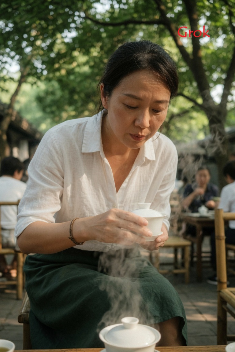 3:4 画幅，iPhone 17 后置摄像头，26mm 广角镜头拍摄的写实抓拍日常生活照片。 主体：成年中国女性，29 岁以上，身材纤细，身着宽松的白色亚麻衬衫，领口微敞，搭配深…