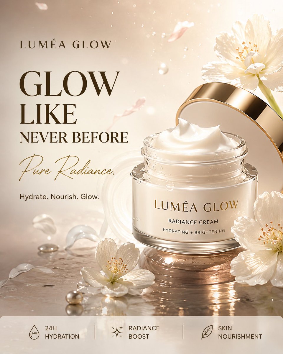 为一款名为“LUMÉA GLOW”的奢华面霜制作一张高端、照片级真实感的商业广告。竖版 4:5 构图，超写实 8K 美容产品摄影，高端护肤大片质感。 将一只优雅的白色磨砂玻璃面霜…