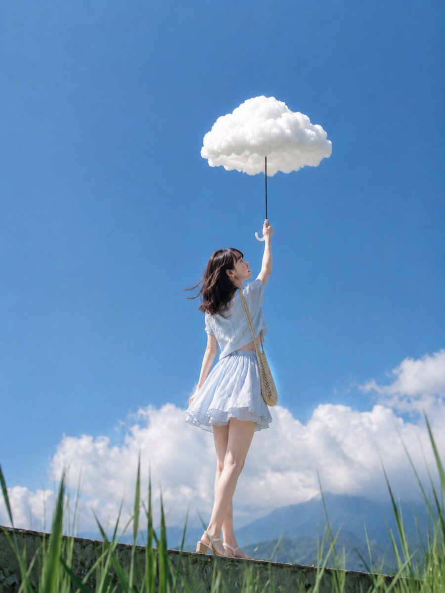 主題： 雲傘と夏空の散歩 主体： 鮮やかな青空の下、白い雲そのものを傘の天蓋のように掲げる女性の全身。人物は画面下半分の中央に小さめに立ち、巨大な空と雲の余白を主役にする。 人物…