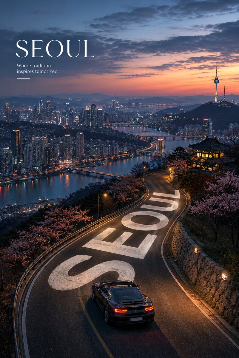为 {LOCATION} 创作一张高端旅游宣传海报,采用强烈的竖向构图,以高空的航拍或景观视角俯瞰。一条绵长蜿蜒的公路应占据前景主导地位,并自然弯曲延伸至目的地最具辨识度的景观、…
