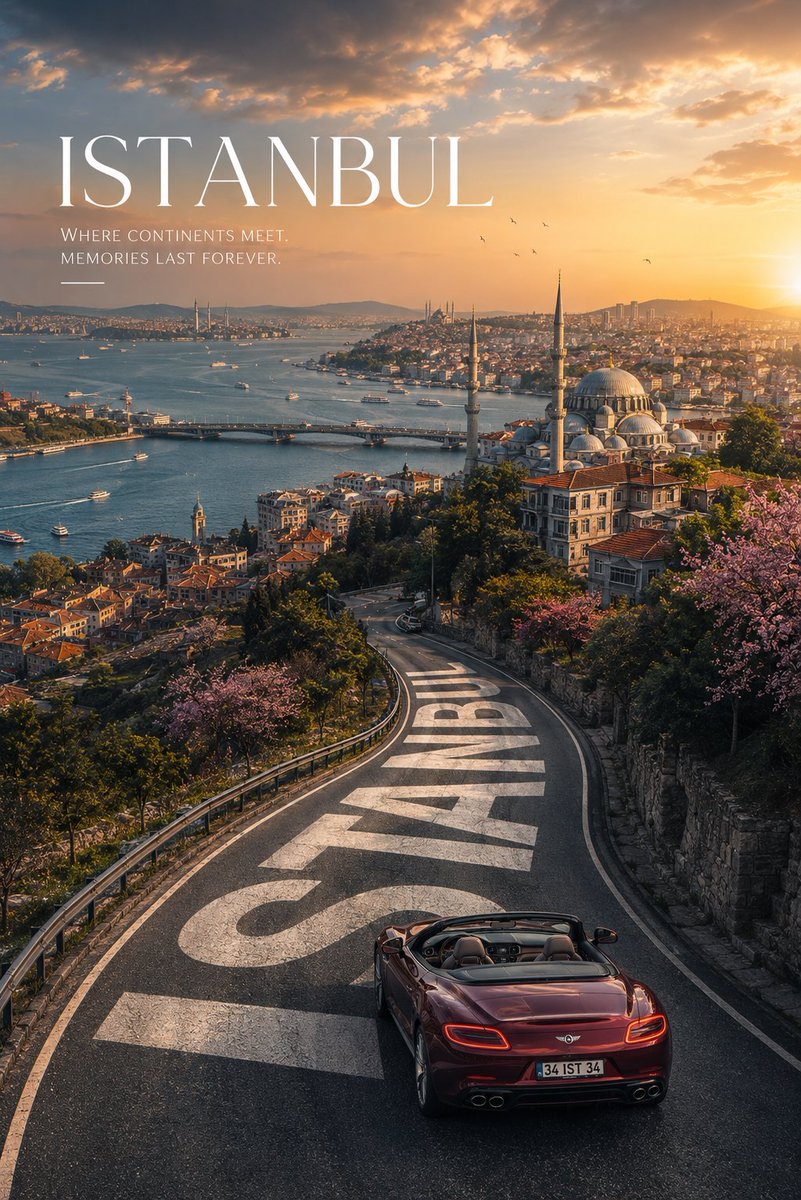 为 {LOCATION} 创作一张高端旅游宣传海报,采用强烈的竖向构图,以高空的航拍或景观视角俯瞰。一条绵长蜿蜒的公路应占据前景主导地位,并自然弯曲延伸至目的地最具辨识度的景观、…