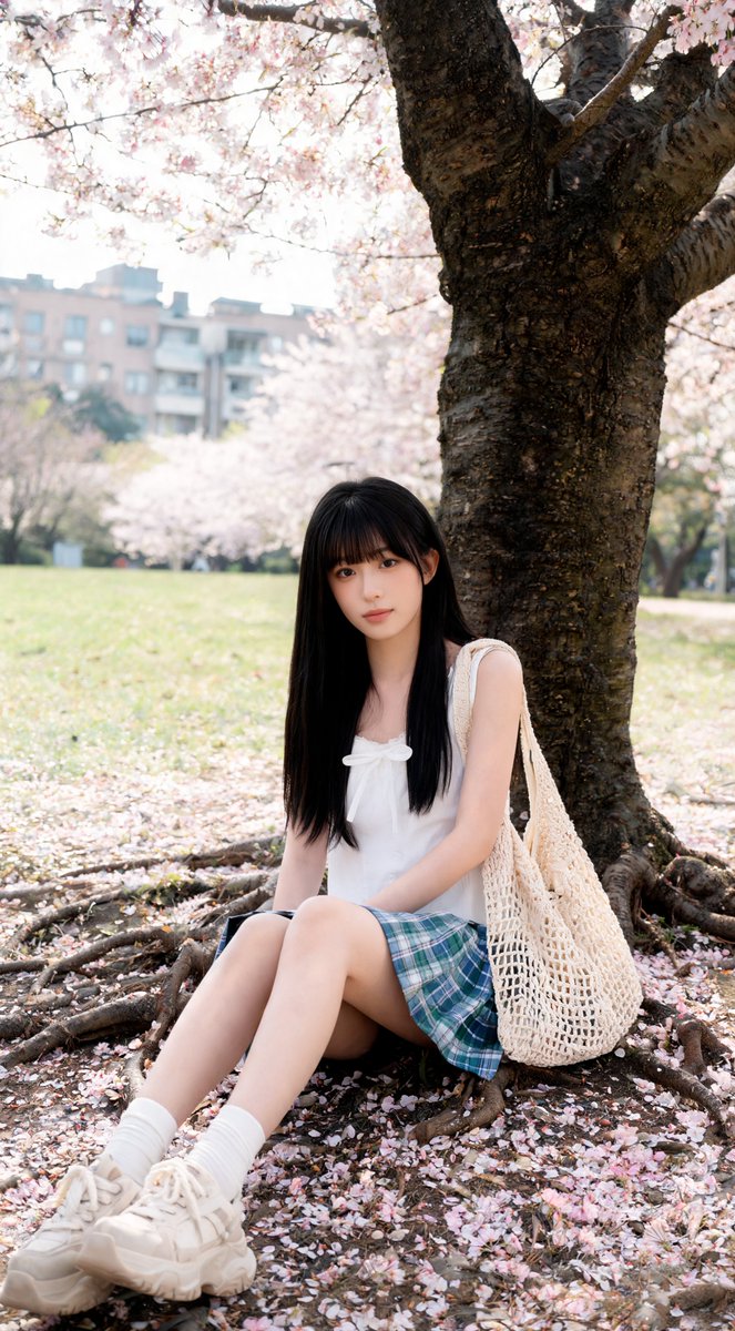 [Seedream 5.0 lite Prompt] ar 9:16 4K 一位年轻东亚女性，长长的黑色直发，刘海整齐，坐在一棵大树下方的地面上，轻轻靠在那棵…