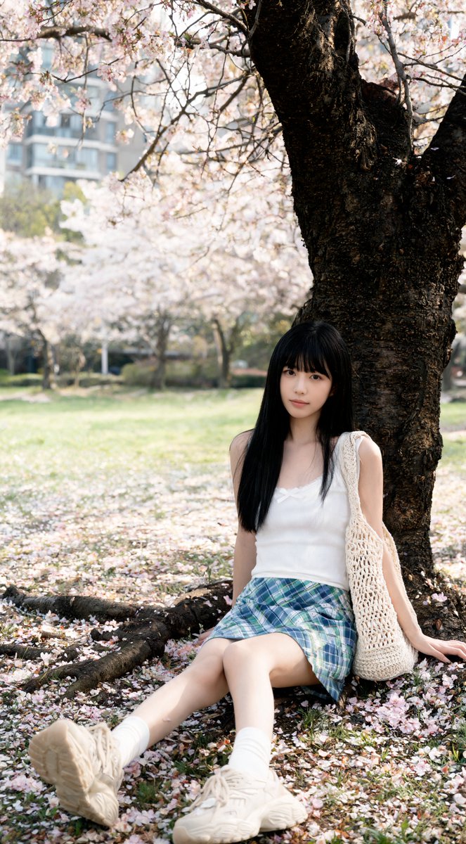 [Seedream 5.0 lite Prompt] ar 9:16 4K 一位年轻东亚女性，长长的黑色直发，刘海整齐，坐在一棵大树下方的地面上，轻轻靠在那棵深色粗壮的、树根裸露…