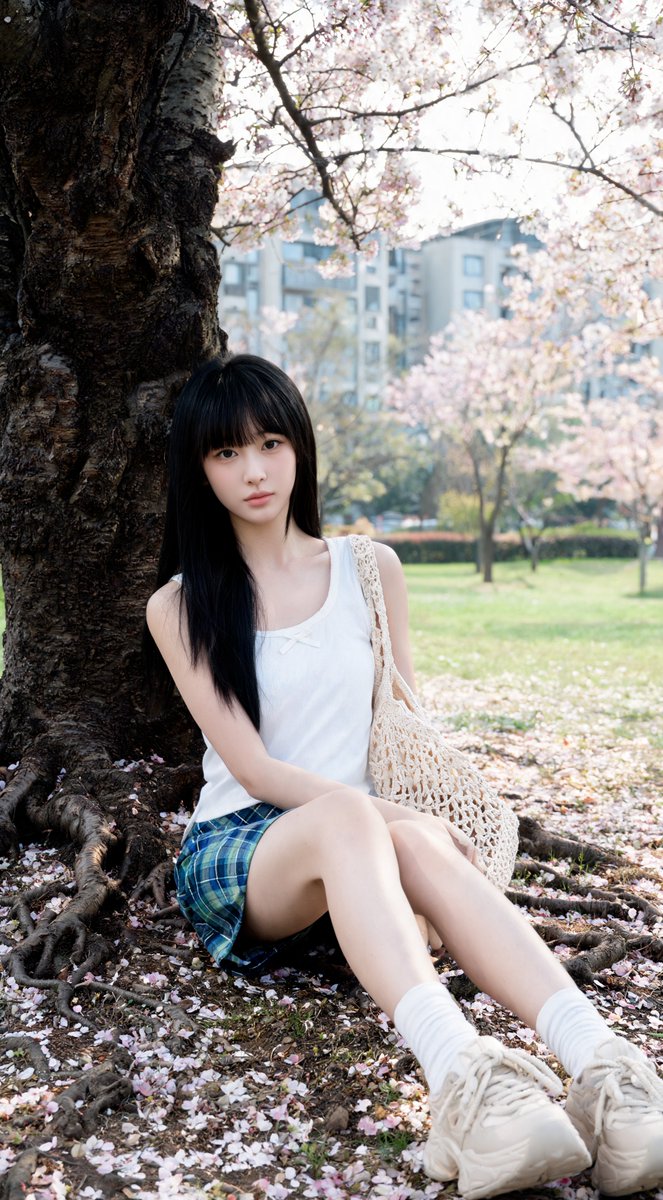 [Seedream 5.0 lite Prompt] ar 9:16 4K 一位年轻东亚女性，长长的黑色直发，刘海整齐，坐在一棵大树下方的地面上，轻轻靠在那棵深色粗壮的、树根裸露…