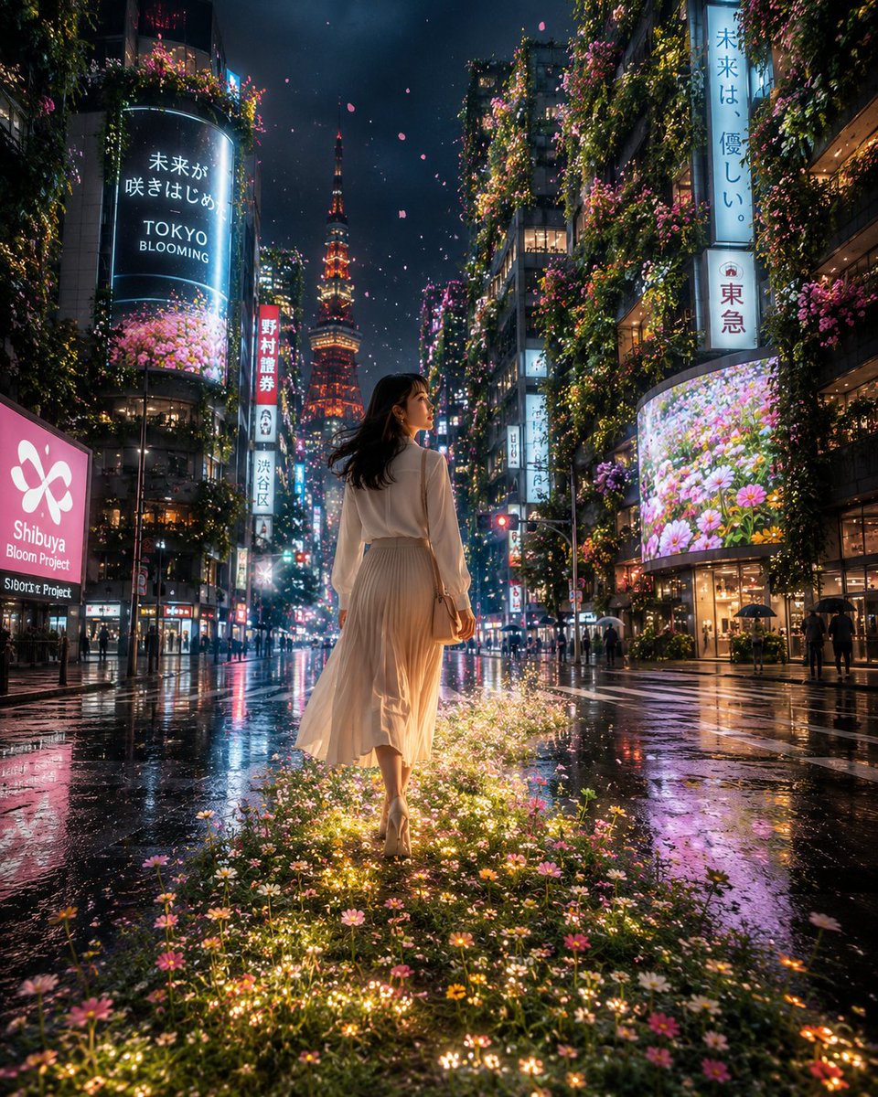 当东京开始绽放 🌸🌃 一座由混凝土和霓虹灯构建的城市发现,大自然只是在等待有人迈出第一步。 她并没有逃离水泥丛林。 她教会了它如何绽放。🌸 ✨ 使用 GPT Image @Cha…