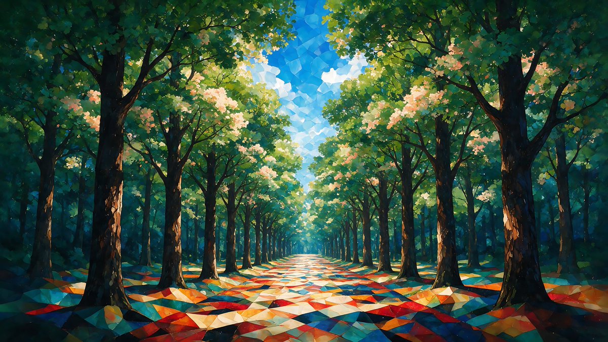 一幅高度精细的风格化美术森林场景，具有梦幻般的马赛克绘画美学，围绕一条对称的林荫大道和一个生动的宝石色调色彩世界构建。高大的深色树皮树木从两侧矗立于一条长长的…