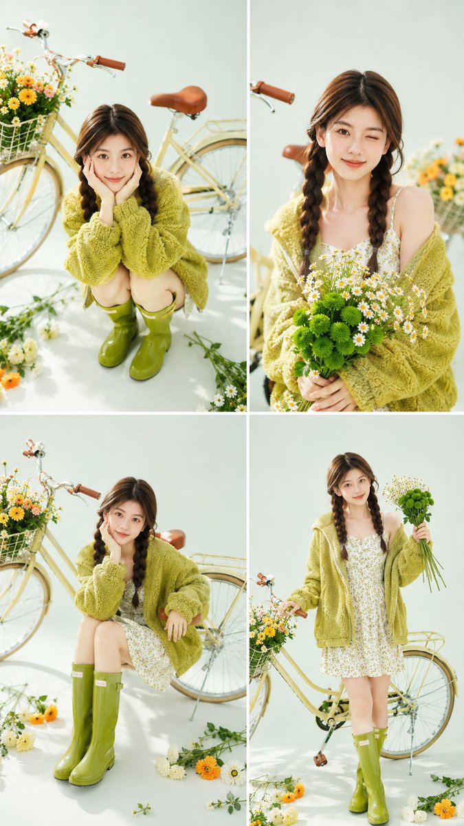 🌼 春日人像,由 GPT Image 生成。只需上传一张人像——模型会保留你的身份特征,并将其转化为一套完整的四张春日编辑大片,包含自然姿势、造型与光影。一张…