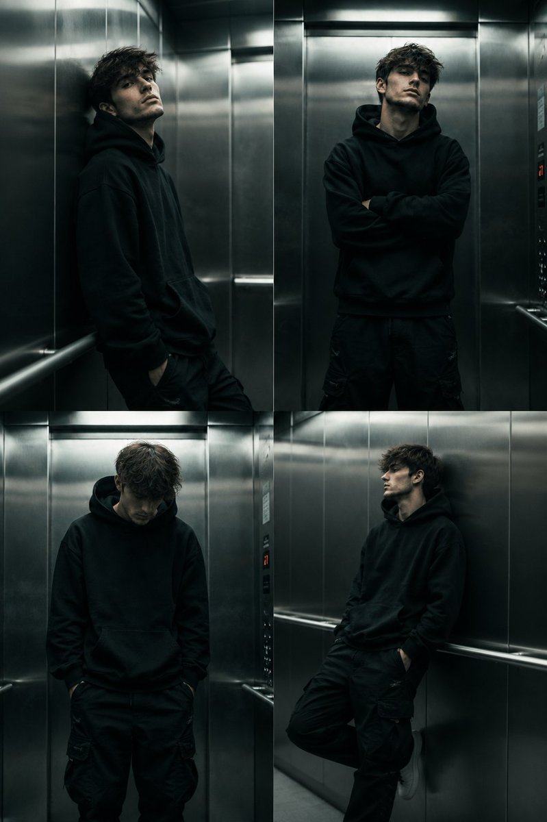 创作一幅电影感的都市写实风格人像：一个年轻男子站立在无菌不锈钢电梯内。他有着蓬乱、凌乱的深棕色头发，真实的皮肤质感，眼下有细微阴影，淡淡的胡茬，分明的面部特征…