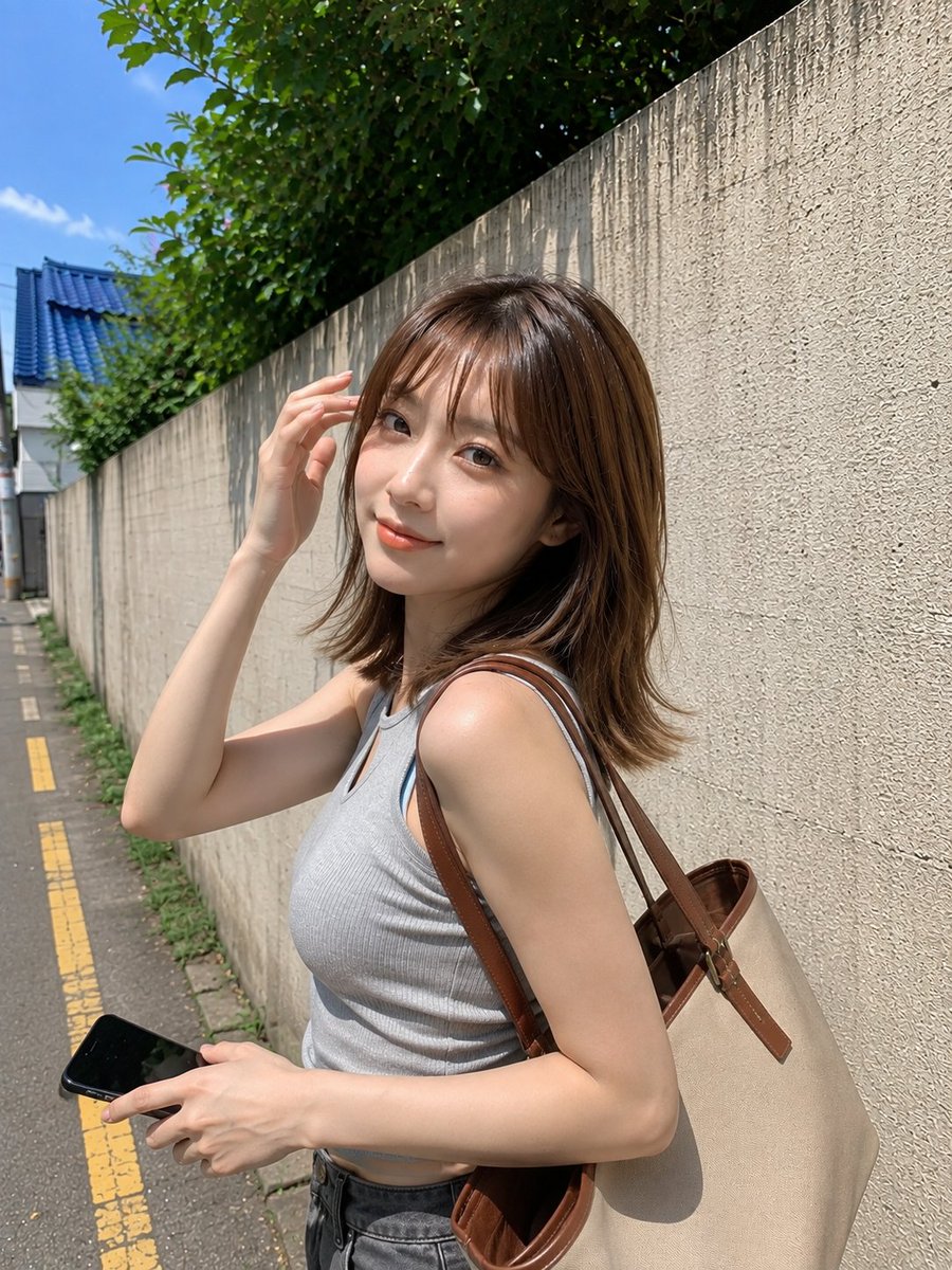 超写实的抓拍户外智能手机摄影照片：一位年轻的东亚女性站在一座质感粗糙的浅灰色混凝土墙旁，拍摄于阳光明媚的白天。她有着齐肩的直发，淡棕色发色，带有柔和轻盈的碎刘…