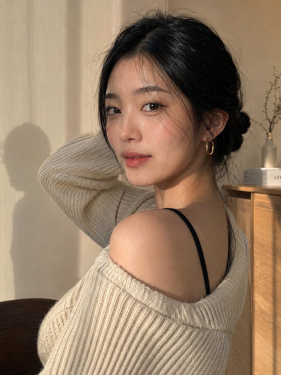 创作一张极致逼真、令人无法划走的肖像：一位美丽的年轻东亚女性身处温馨极简的室内，在自然转头看向镜头的转瞬之间被定格。 她的肌肤明润却完全真实——毛孔可见、肤色…