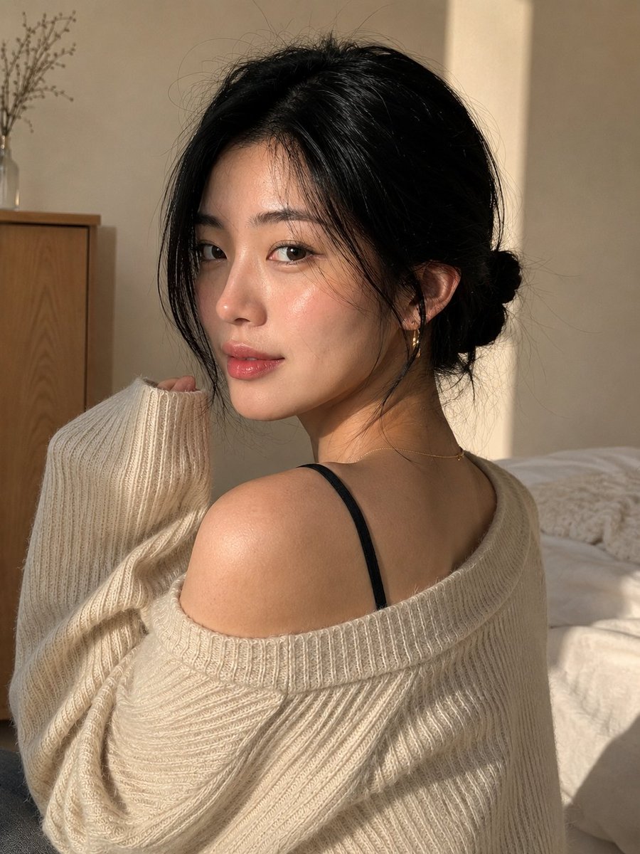 创作一张极致逼真、令人无法划走的肖像：一位美丽的年轻东亚女性身处温馨极简的室内，在自然转头看向镜头的转瞬之间被定格。 她的肌肤明润却完全真实——毛孔可见、肤色过渡微妙、有着细小的…