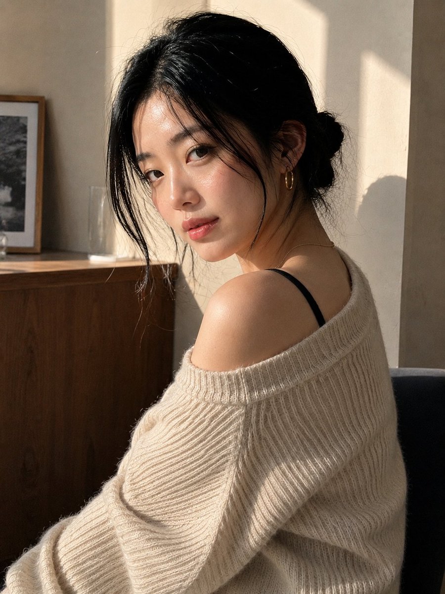 创作一张极致逼真、令人无法划走的肖像：一位美丽的年轻东亚女性身处温馨极简的室内，在自然转头看向镜头的转瞬之间被定格。 她的肌肤明润却完全真实——毛孔可见、肤色过渡微妙、有着细小的…