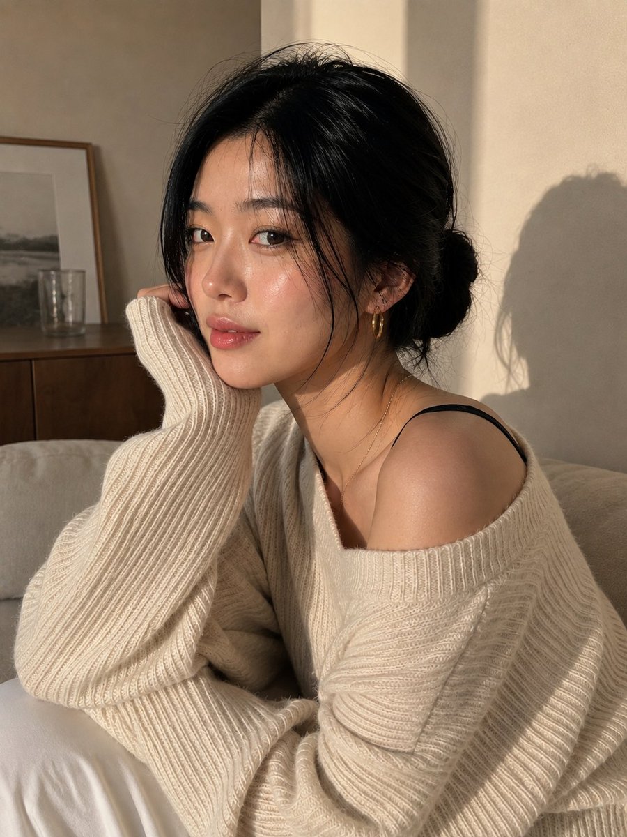 创作一张极致逼真、令人无法划走的肖像：一位美丽的年轻东亚女性身处温馨极简的室内，在自然转头看向镜头的转瞬之间被定格。 她的肌肤明润却完全真实——毛孔可见、肤色过渡微妙、有着细小的…