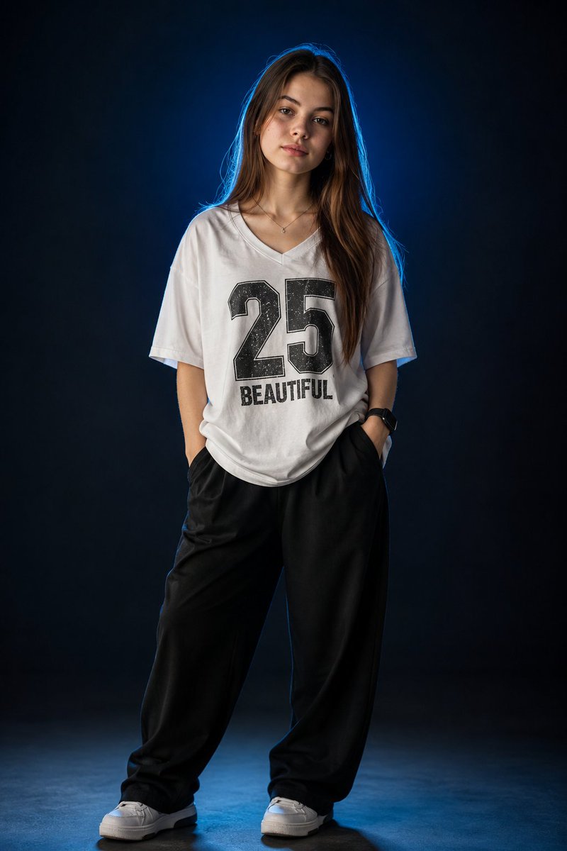 一张照片级写实风格的时尚人像照：一位年轻女性自信地站立在摄影棚中，身着一件宽松的白色V领T恤，胸前印有粗体做旧风格的“25 BEAUTIFUL”图案，下身搭配…