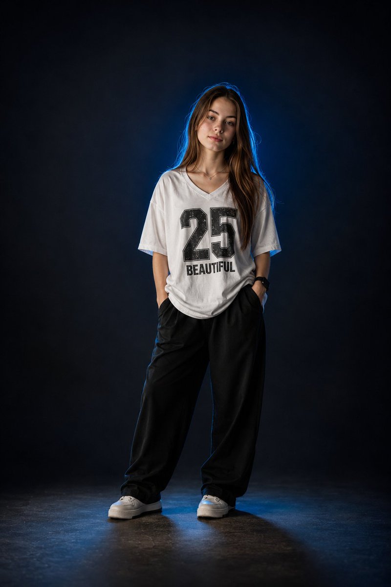 一张照片级写实风格的时尚人像照：一位年轻女性自信地站立在摄影棚中，身着一件宽松的白色V领T恤，胸前印有粗体做旧风格的“25 BEAUTIFUL”图案，下身搭配宽松的黑色长裤。她留…