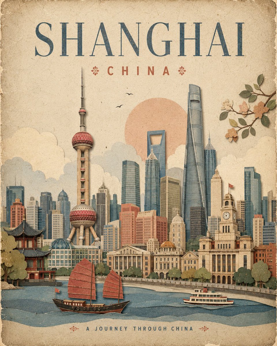 为[城市]、[国家]创作一幅高端的4:5竖版复古旅行海报，设计风格为优雅的手工纸张拼贴画。 使用温暖的做旧象牙白纸张背景，带有细微纤维、柔和颗粒感、略显不规则的印刷边缘，以及分层…