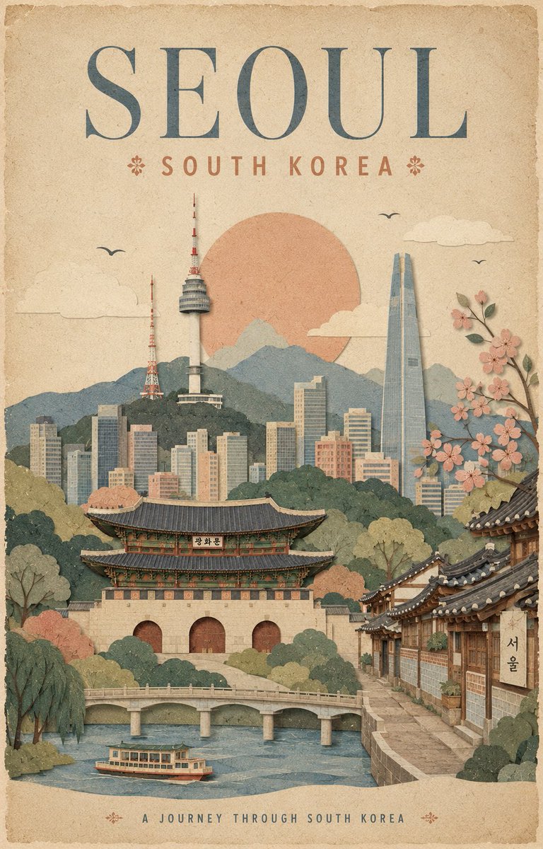 为[城市]、[国家]创作一幅高端的4:5竖版复古旅行海报，设计风格为优雅的手工纸张拼贴画。 使用温暖的做旧象牙白纸张背景，带有细微纤维、柔和颗粒感、略显不规则的印刷边缘，以及分层…