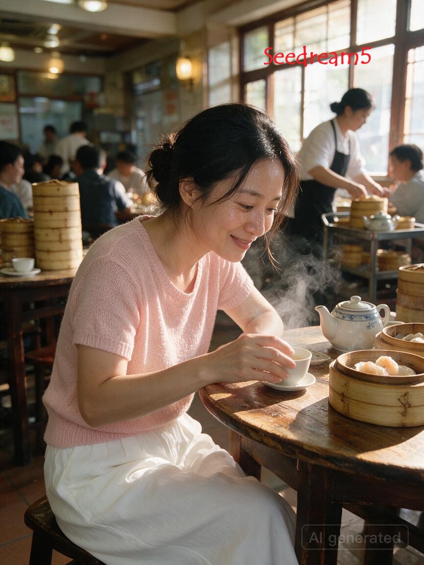 3:4,手机后置摄像头 26mm 广角镜头拍摄的真实抓拍日常生活照片。 主体:35岁的中国成年女性,自然随性的发型,柔软的浅粉色短袖针织上衣,针织纹理清晰,宽松的白色阔腿裤,温柔…
