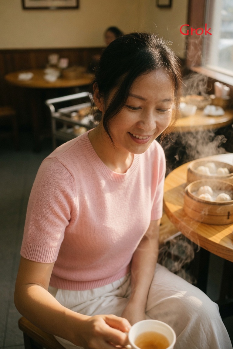 3:4,手机后置摄像头 26mm 广角镜头拍摄的真实抓拍日常生活照片。 主体:35岁的中国成年女性,自然随性的发型,柔软的浅粉色短袖针织上衣,针织纹理清晰,宽松的白色阔腿裤,温柔…