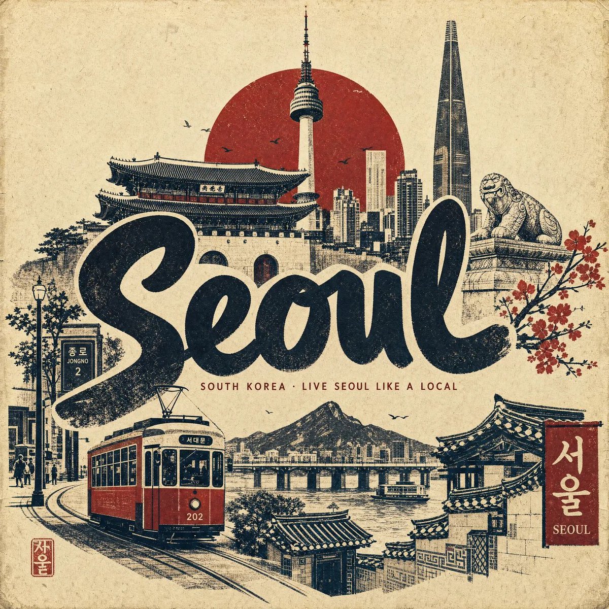 为 [CITY]（[COUNTRY]）创作一张高级的 4:5 纵向复古旅行海报，风格设计为优雅的当代手工丝网印刷 / 麻胶版画拼贴作品，呈现于温暖、带有纹理的档案级纸张之上。 艺…