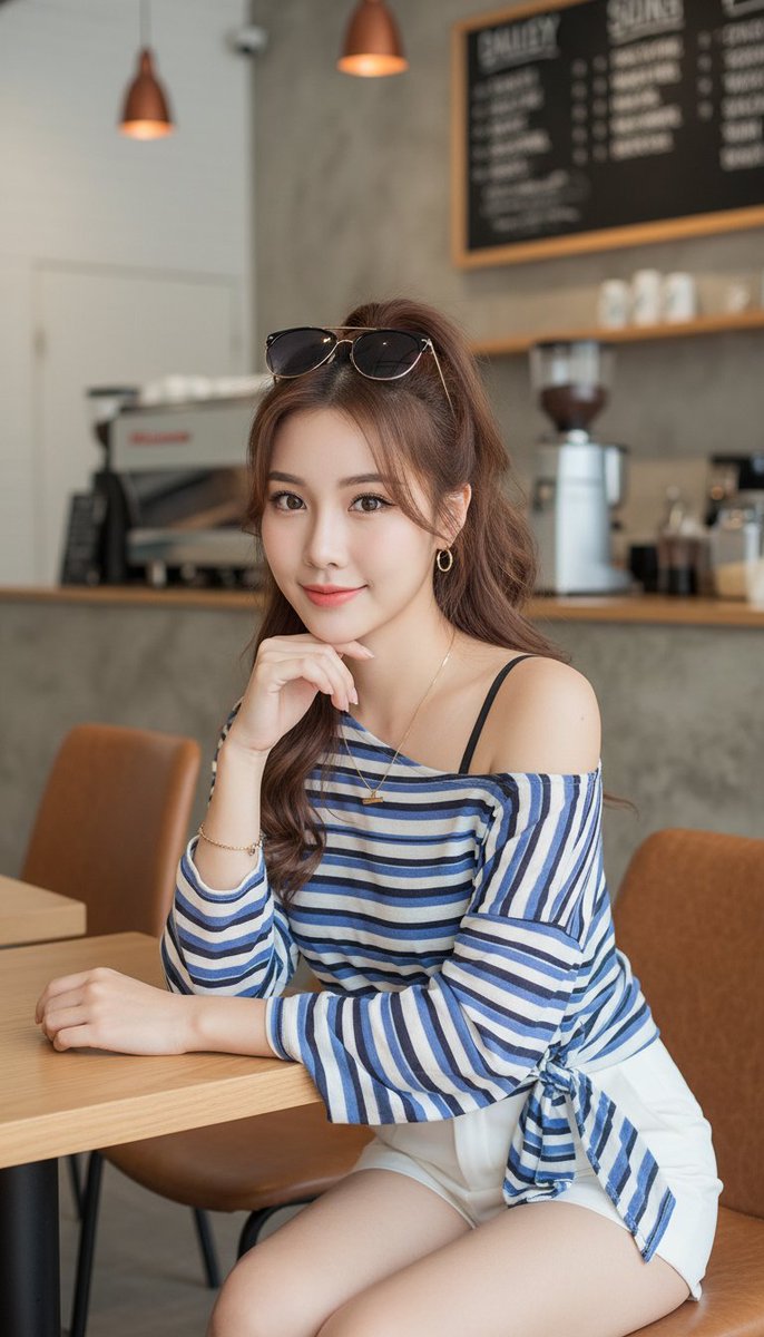 [Nano Banana Prompt] ar 9:16 一位美丽的年轻东亚女性，肤色白皙，五官精致，拥有柔和的大棕色眼睛，对镜头露出温柔的微笑。她有一头栗棕色的长波浪卷发，扎成…