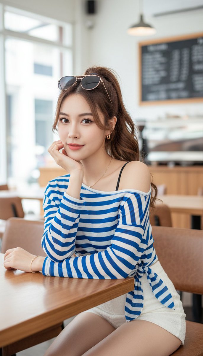 [Nano Banana Prompt] ar 9:16 一位美丽的年轻东亚女性，肤色白皙，五官精致，拥有柔和的大棕色眼睛，对镜头露出温柔的微笑。她有一头栗棕色的长波浪卷发，扎成…