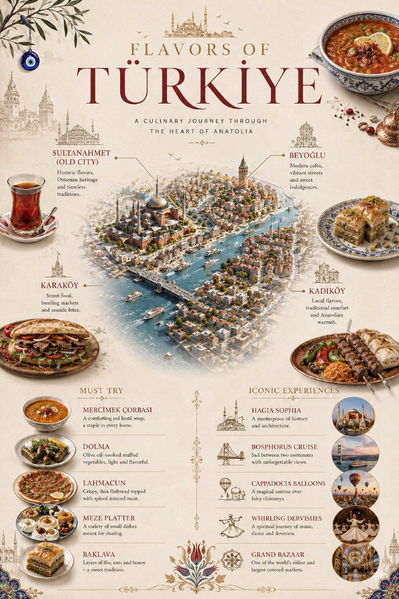 创作一款时尚、极简的高端美食旅行信息图,标题为“FLAVORS OF TÜRKİYE”(土耳其风味),副标题为“A CULINARY JOURNEY THROUGH THE HE…