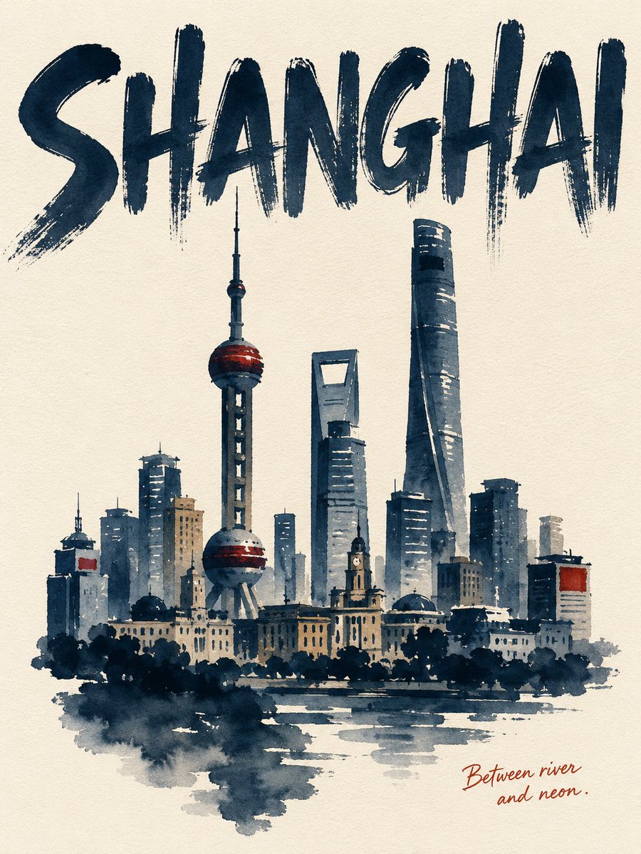 @创建图像 {CITY} — 大写的英文城市名称 {SUBJECT} — 一座地标建筑作为最高点,一座次要结构略低一层,其下一条中层建筑或地形带,底部以树丛或水面收尾——重叠为单…