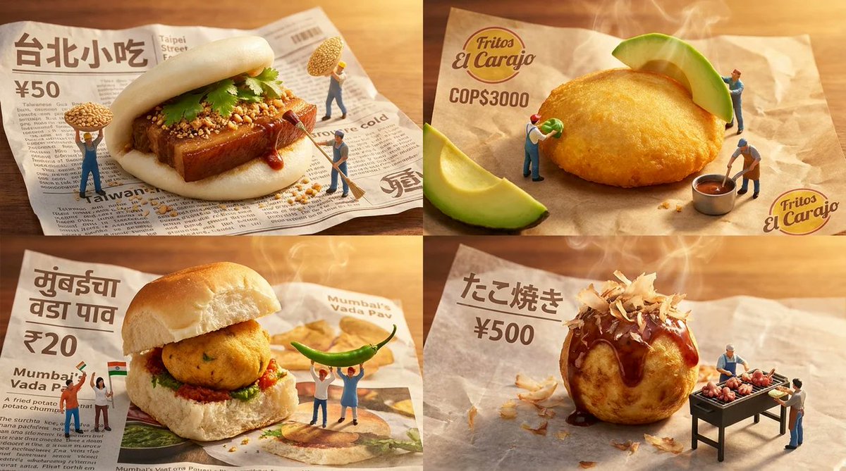 2x2 网格, 16:9, 为 4 种被低估的街头小吃各做一张 : { "Aesthetic": "微缩食物立体模型, 文化字体排版", "Subject"…