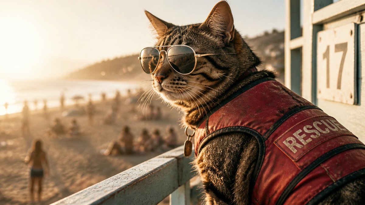 猫当海滩救生员 1. 写实摄影：写实摄影风格的猫海滩救生员，85mm f/1.4 镜头拍摄，浅景深，黄金时段逆光。这只虎斑猫穿着一件褪色的红色救生衣，毛发在盐雾中闪闪发光，栖息在…