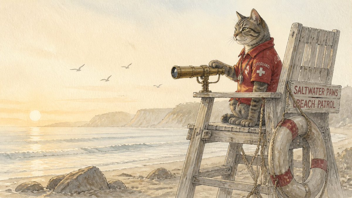 猫当海滩救生员 1. 写实摄影：写实摄影风格的猫海滩救生员，85mm f/1.4 镜头拍摄，浅景深，黄金时段逆光。这只虎斑猫穿着一件褪色的红色救生衣，毛发在盐雾中闪闪发光，栖息在…