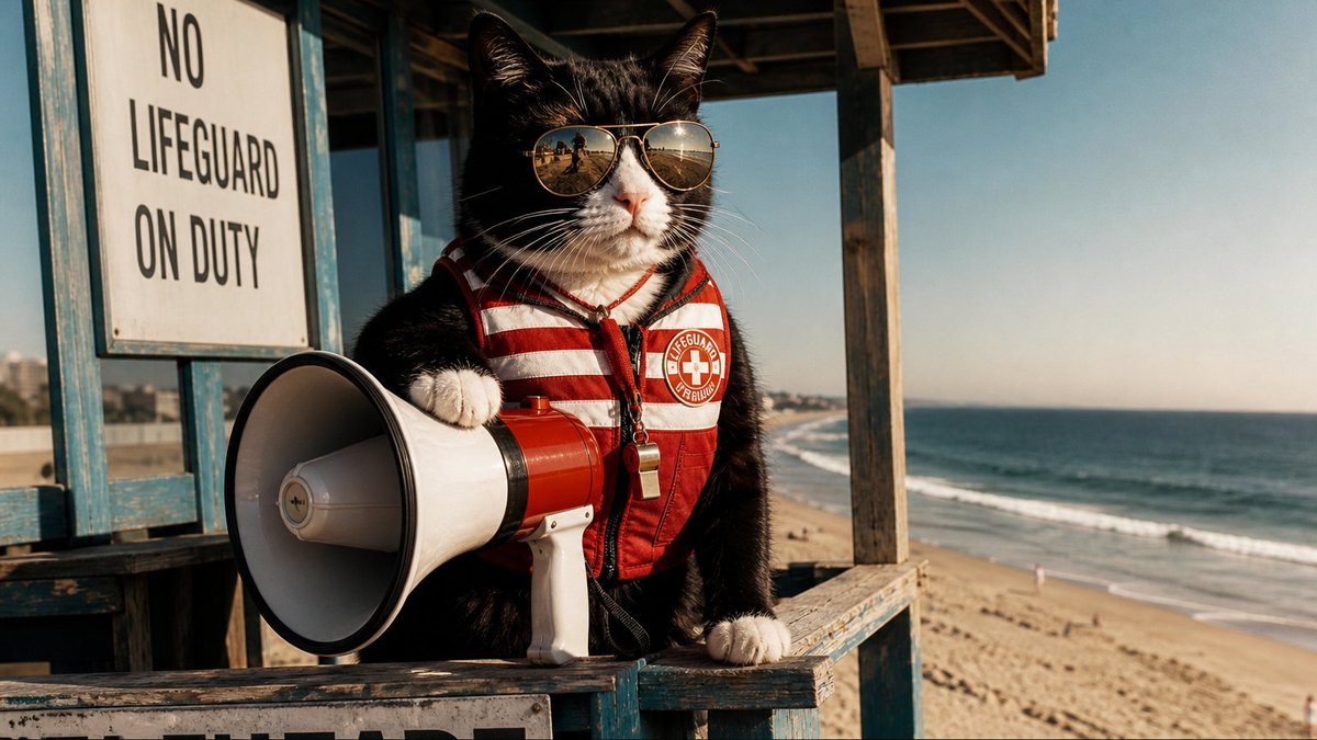 猫当海滩救生员 1. 写实摄影：写实摄影风格的猫海滩救生员，85mm f/1.4 镜头拍摄，浅景深，黄金时段逆光。这只虎斑猫穿着一件褪色的红色救生衣，毛发在盐雾中闪闪发光，栖息在…