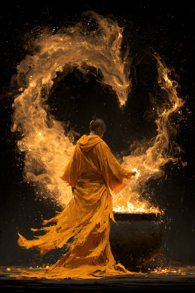 一个神秘的场景，一个人物身披飘逸鲜艳的黄色破旧长袍，站在一口大锅前，将发光的魔法材料投入锅中。从锅中升起一条壮丽的火焰巨龙，它由旋绕的发光烟雾和云雾构成，照亮…
