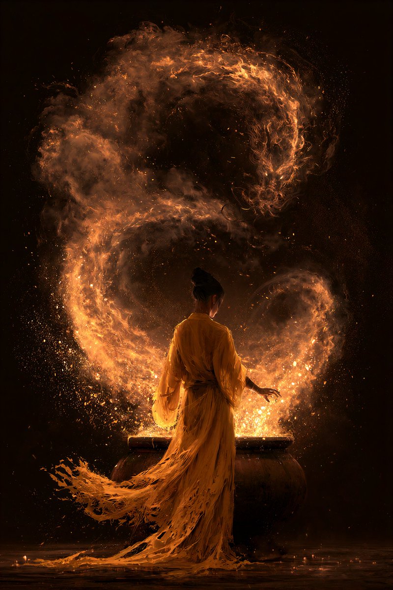 一个神秘的场景，一个人物身披飘逸鲜艳的黄色破旧长袍，站在一口大锅前，将发光的魔法材料投入锅中。从锅中升起一条壮丽的火焰巨龙，它由旋绕的发光烟雾和云雾构成，照亮了周围黑暗的空间。火…