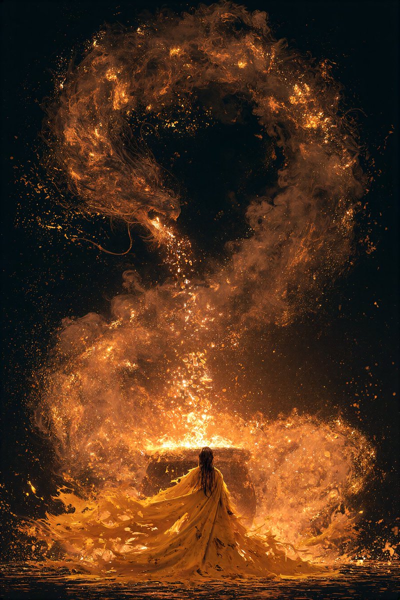 一个神秘的场景，一个人物身披飘逸鲜艳的黄色破旧长袍，站在一口大锅前，将发光的魔法材料投入锅中。从锅中升起一条壮丽的火焰巨龙，它由旋绕的发光烟雾和云雾构成，照亮了周围黑暗的空间。火…