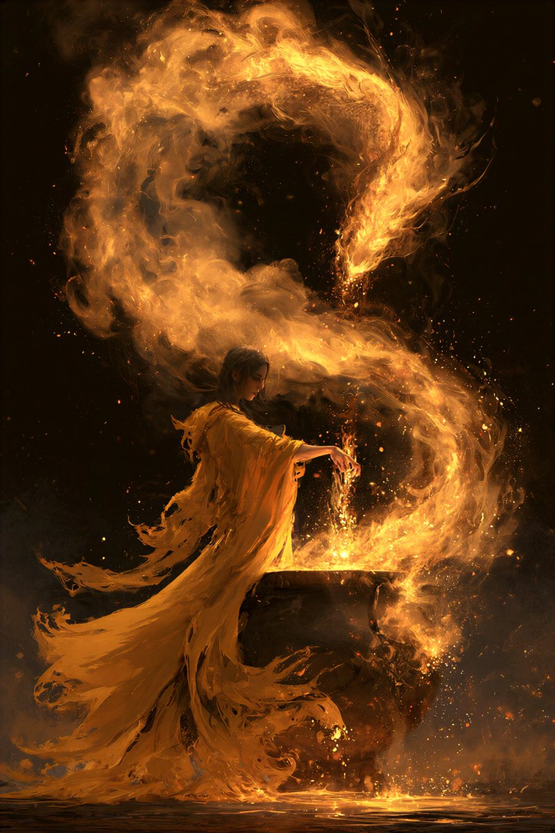 一个神秘的场景，一个人物身披飘逸鲜艳的黄色破旧长袍，站在一口大锅前，将发光的魔法材料投入锅中。从锅中升起一条壮丽的火焰巨龙，它由旋绕的发光烟雾和云雾构成，照亮了周围黑暗的空间。火…