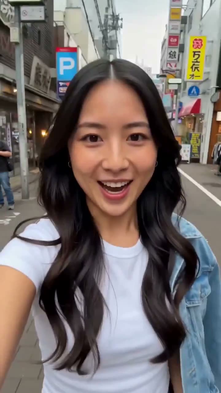 日本超写实UGC智能手机Vlog。一位年轻日本女性，长长的黑发，穿着休闲时髦的服装，在热闹的东京购物街上探索，全程用手机拍摄，自然的手持运动感，轻微的镜头抖动…