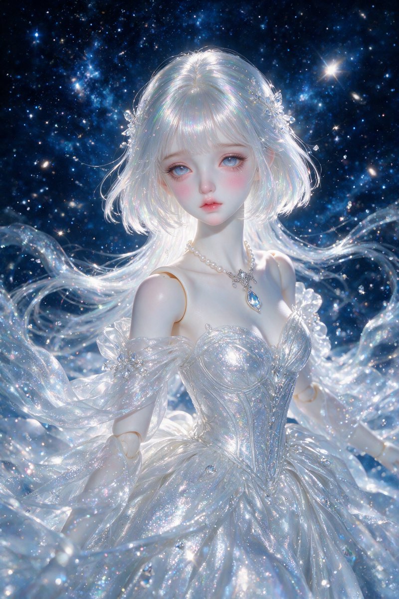 一位令人惊叹的天体球关节人偶公主漂浮在深邃的宇宙星空中，上半身肖像，精致的瓷质BJD人偶，极其美丽空灵的面容，苍白半透明的瓷质皮肤，肩膀和肘部有细微可见的球关…