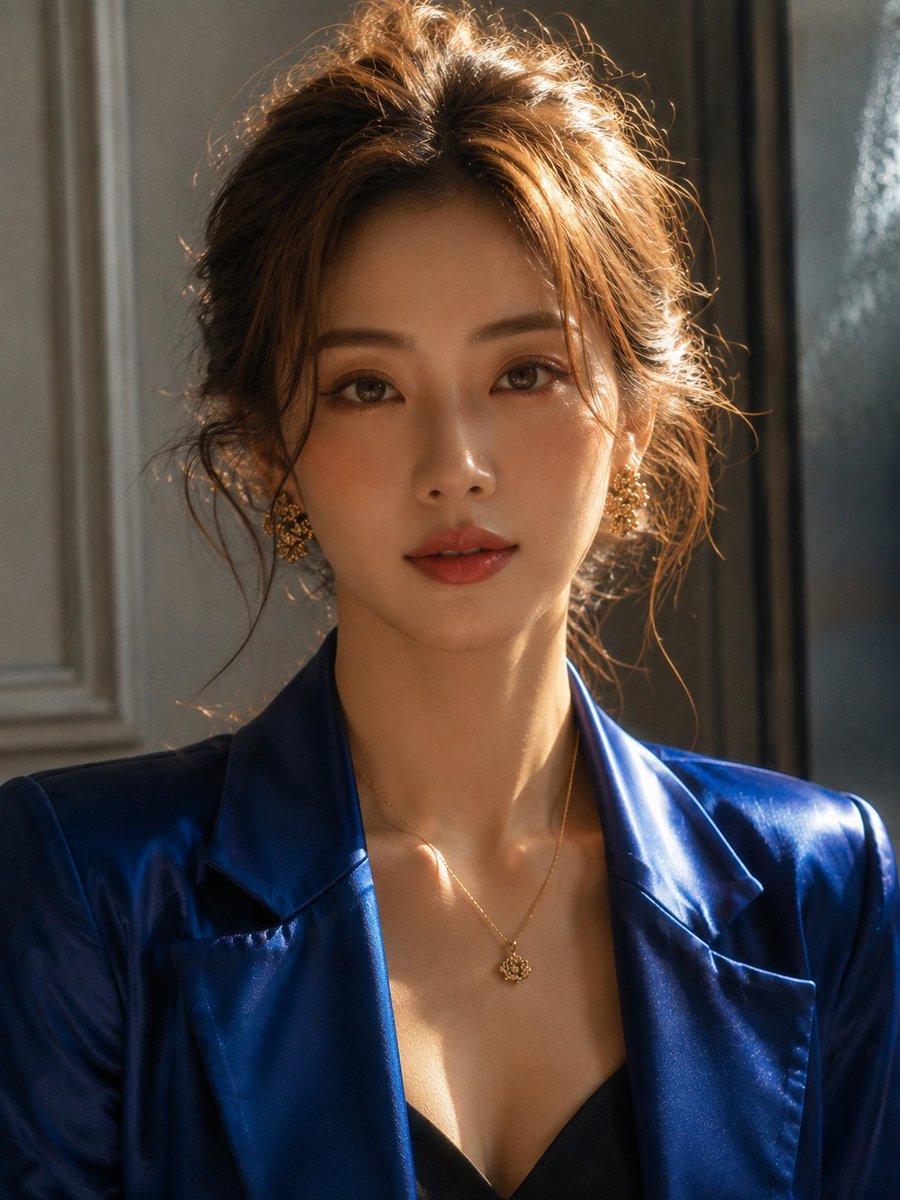 一张特写电影感人像照片,展现一位年轻女性优雅的侧脸轮廓,面朝右侧。她的浅棕色头发松松地扎成一个凌乱的发髻,几缕精致的碎发捕捉着光线。她的面部特征被从侧面倾泻而来的温暖自然阳光柔和…