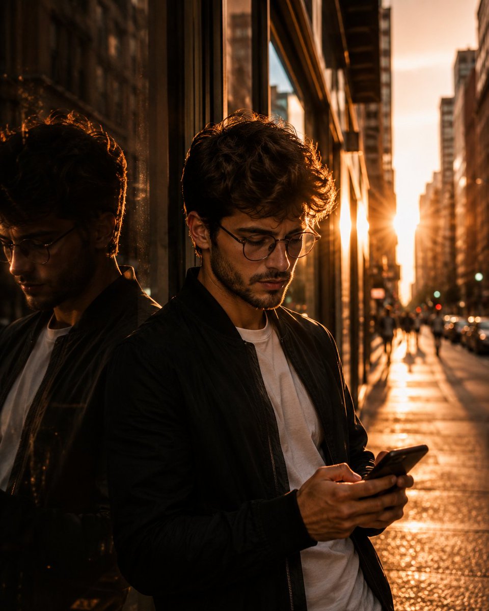 电影感黄金时分的真人写实风格人像照：一位年轻男子，自然凌乱的深色波浪卷发，身穿黑色轻便夹克搭配简约白色 T 恤，傍晚时分随意地站在城市街道上一扇大型玻璃窗旁…