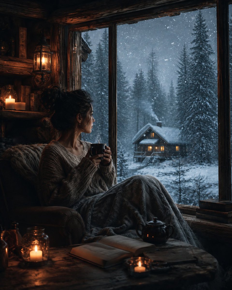 雪境之外的温暖 一个静谧的瞬间，孤独不是寂寞，而是慰藉——窗外冰封而神秘的世界，与屋内咖啡、烛光与静谧的温暖形成对照。 在喧嚣之外，某个地方，冬雪仍在飘落…