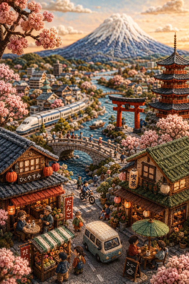 CHAT GPT IMAGE 2.0 日本 — 手工微缩立体场景提示词 一个内容丰富的日本垂直微缩世界，全部采用柔软的毛毡、蓬松的纱线、羊毛纤维和精致的针线手工制作，捕捉日本日常…