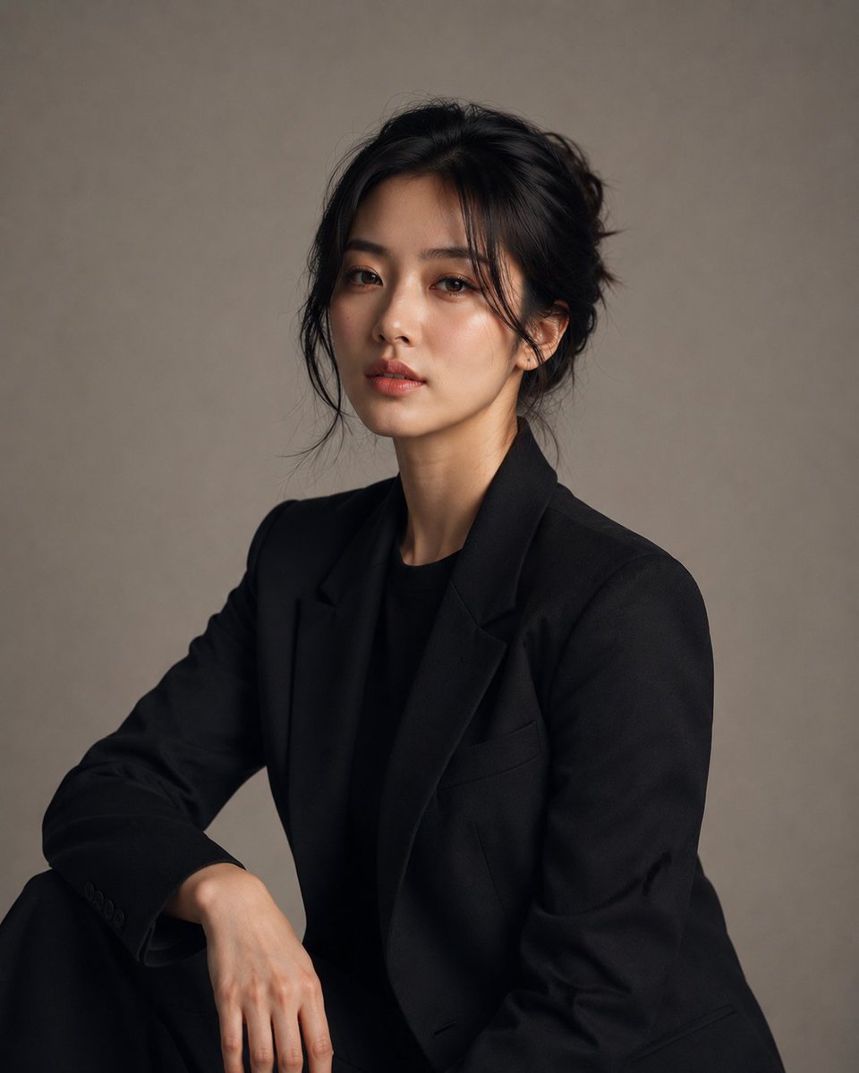 创建一幅高度写实的豪华工作室摄影，主体为一位明显成年的韩国女性，身着优雅、精致的服装，造型精致且裁剪完美。她看起来自然吸引人、自信、优雅且不费力地充满魅力…
