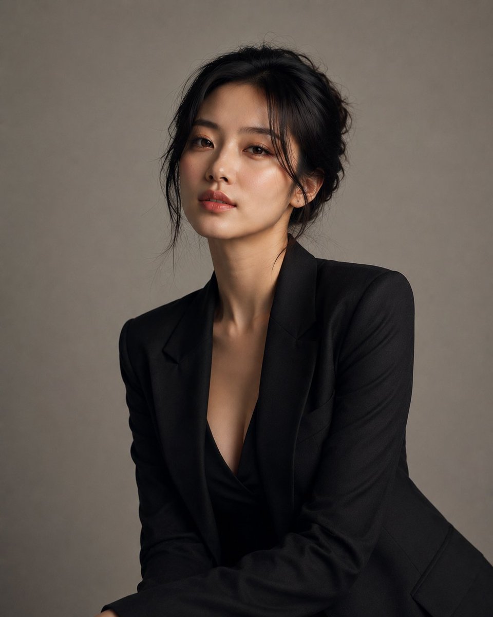 创建一幅高度写实的豪华工作室摄影，主体为一位明显成年的韩国女性，身着优雅、精致的服装，造型精致且裁剪完美。她看起来自然吸引人、自信、优雅且不费力地充满魅力。 使用极简专业工作室环…