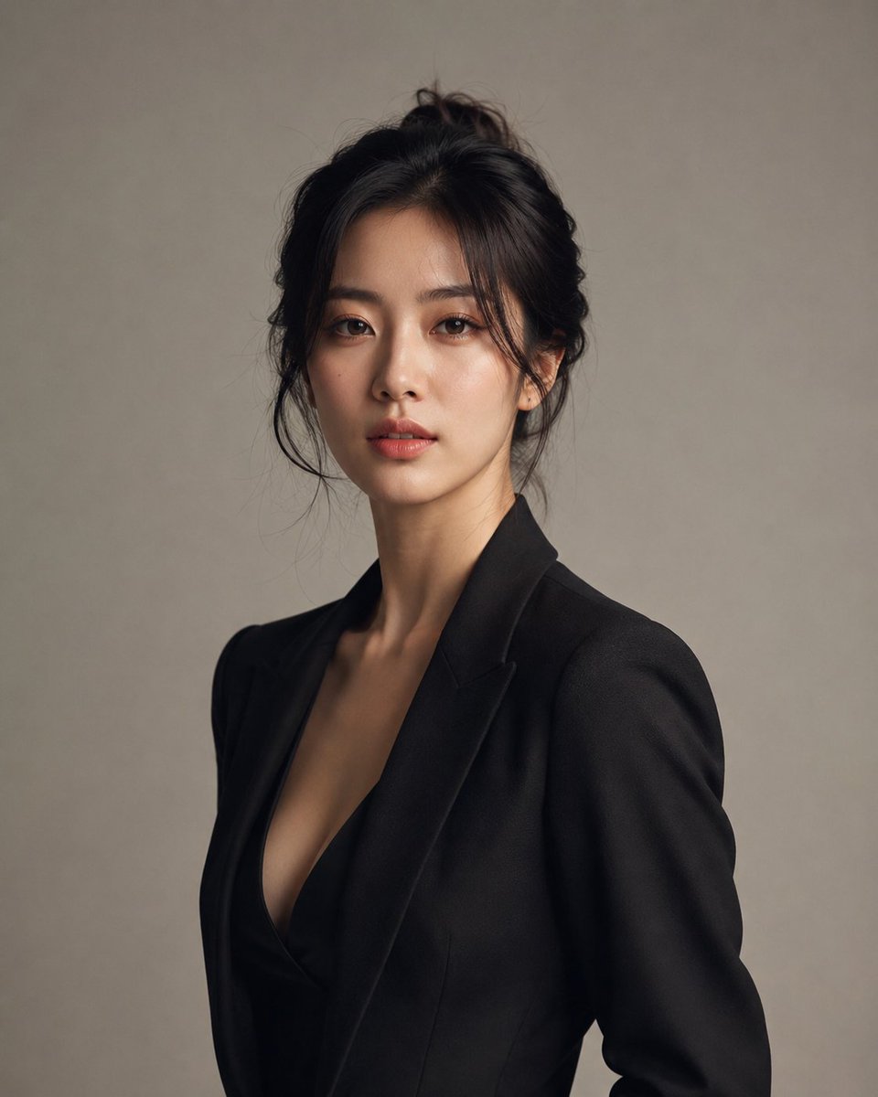 创建一幅高度写实的豪华工作室摄影，主体为一位明显成年的韩国女性，身着优雅、精致的服装，造型精致且裁剪完美。她看起来自然吸引人、自信、优雅且不费力地充满魅力。 使用极简专业工作室环…