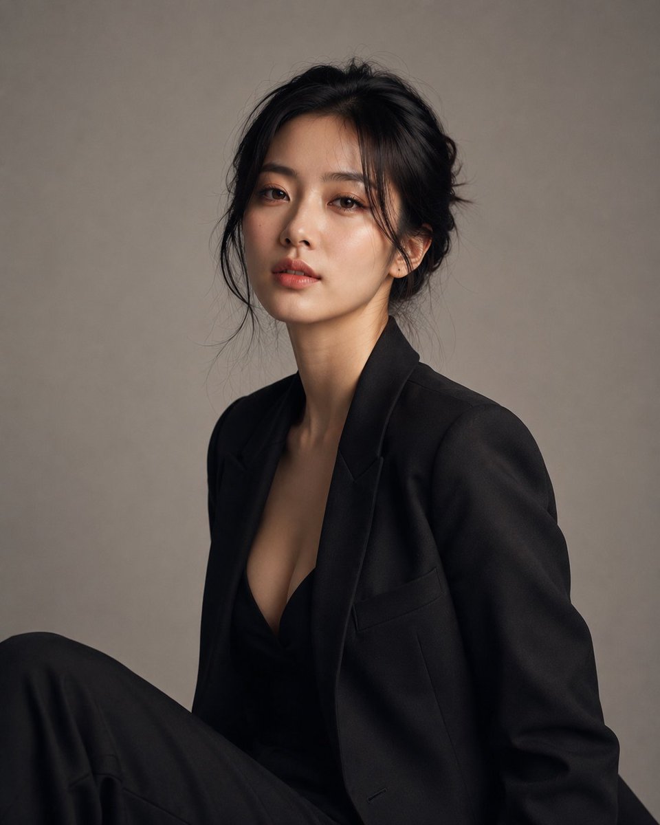 创建一幅高度写实的豪华工作室摄影，主体为一位明显成年的韩国女性，身着优雅、精致的服装，造型精致且裁剪完美。她看起来自然吸引人、自信、优雅且不费力地充满魅力。 使用极简专业工作室环…