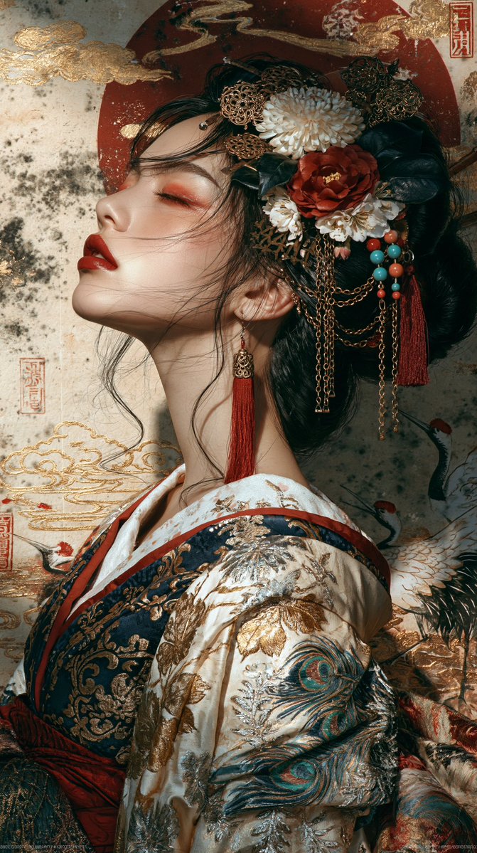 超精细肖像，美丽的日本女性，侧面朝右，头部后仰，双眼微闭，嘴唇微张，表情宁静安详。无瑕瓷器般肌肤，柔和红色眼影，深朱红唇彩，优雅纤长的脖颈。日本传统发型（Nihongami）盘髻…